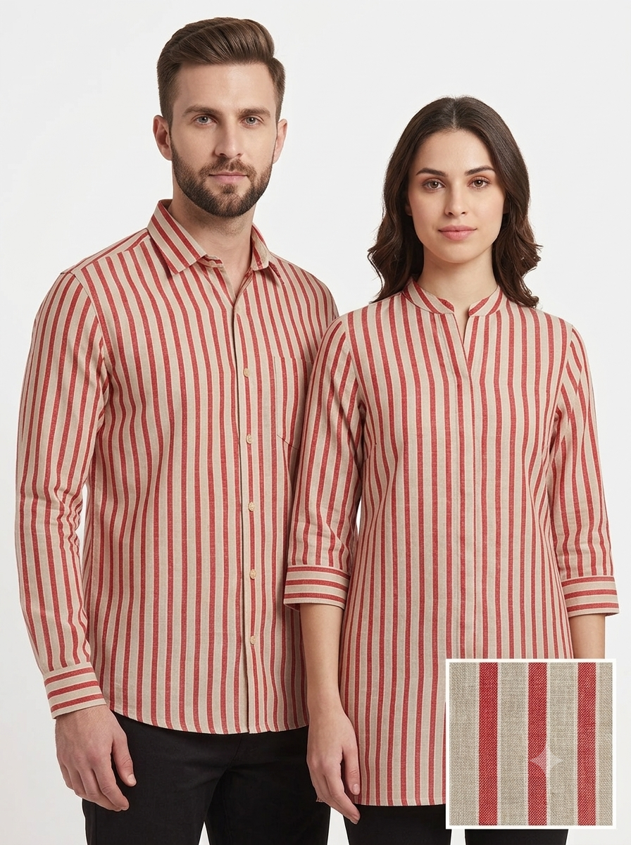 Handspun & Handwoven Natural Cotton Red Beige Stripe Fabric