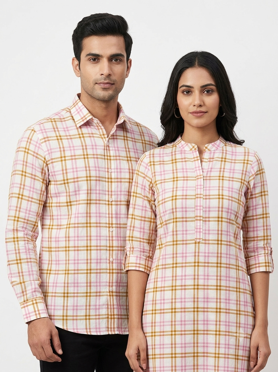 Handwoven Cotton Golden Pink Self Check Fabric