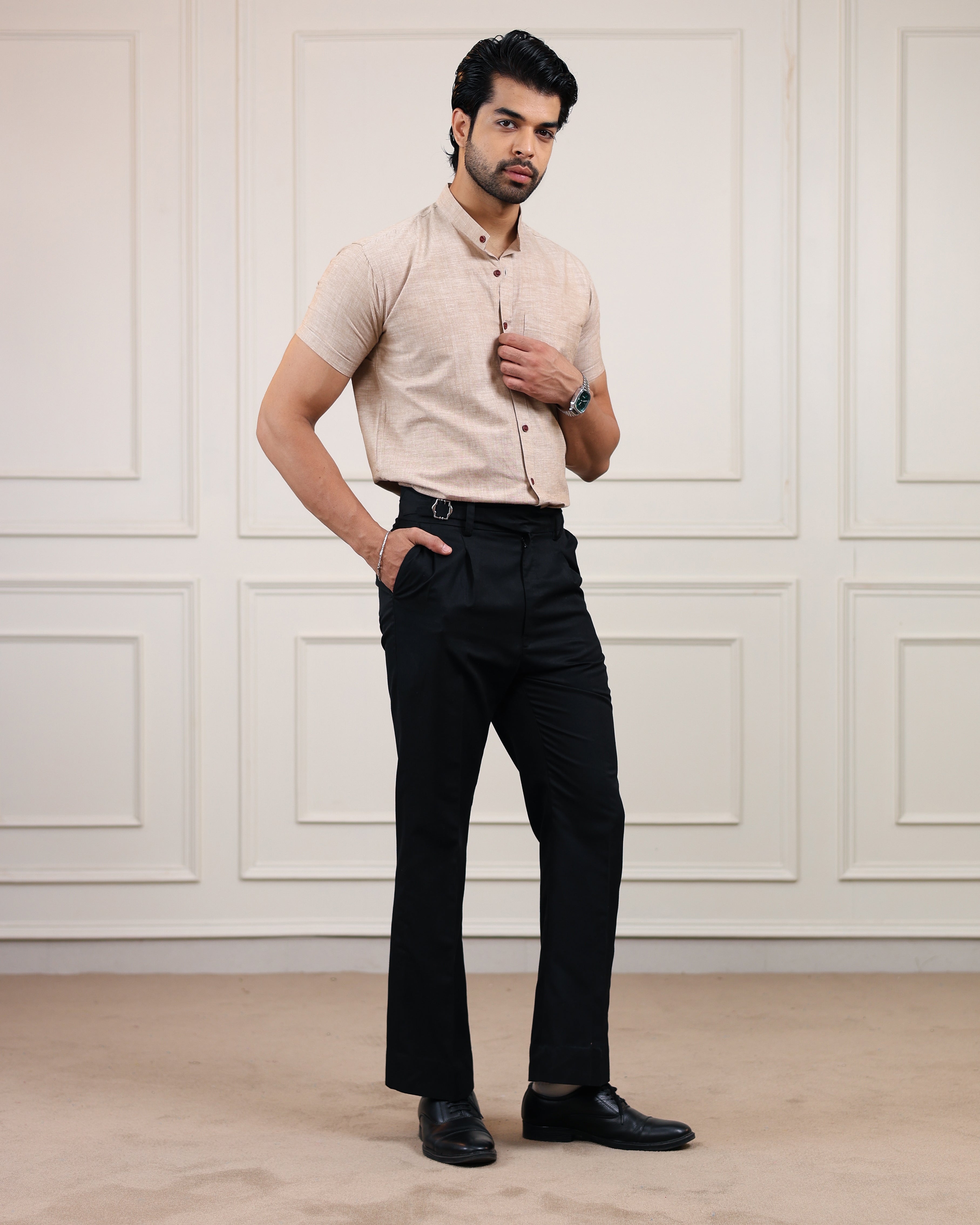 Wood Brown Handloom Cotton Half Sleeve Shirt