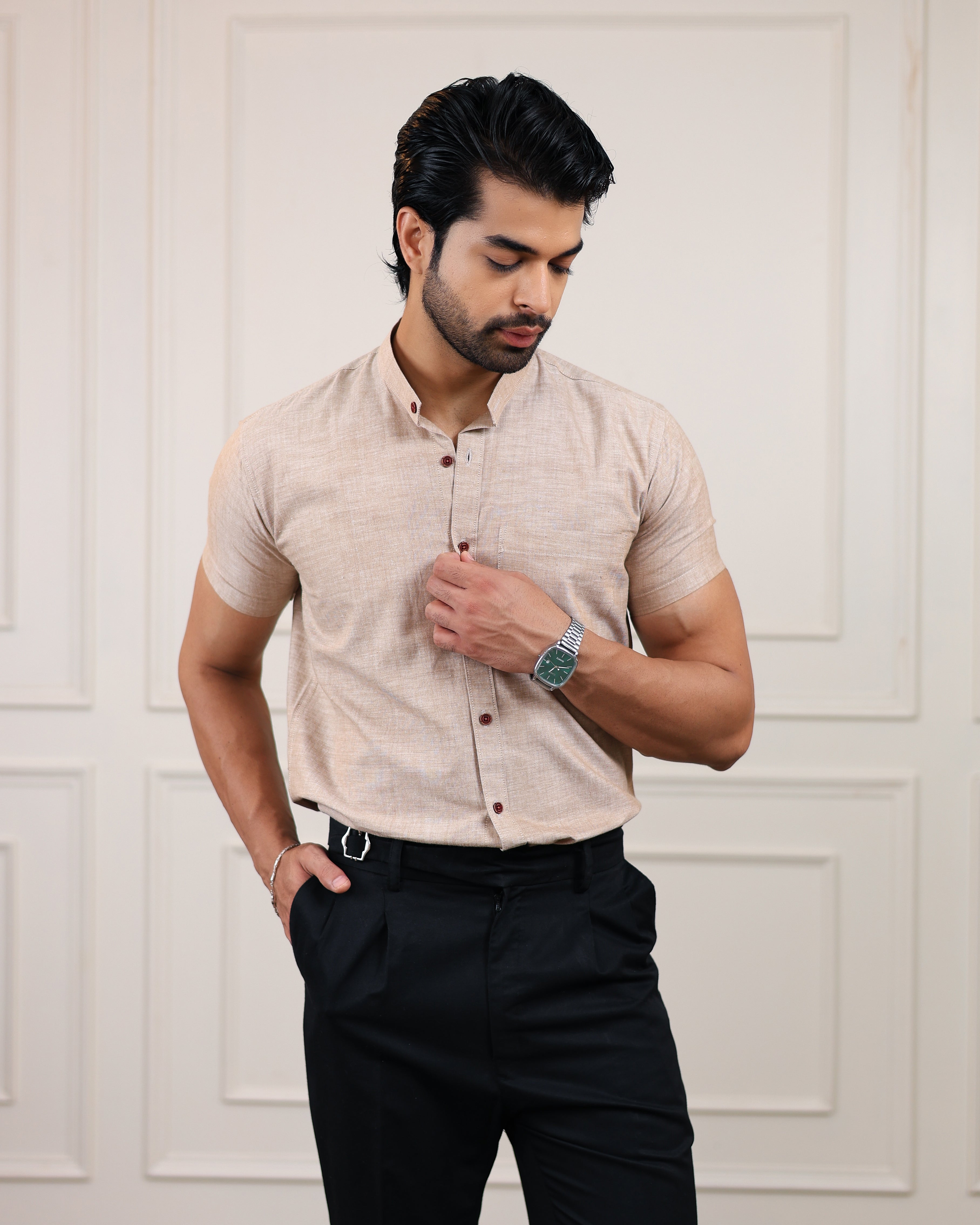 Wood Brown Handloom Cotton Half Sleeve Shirt
