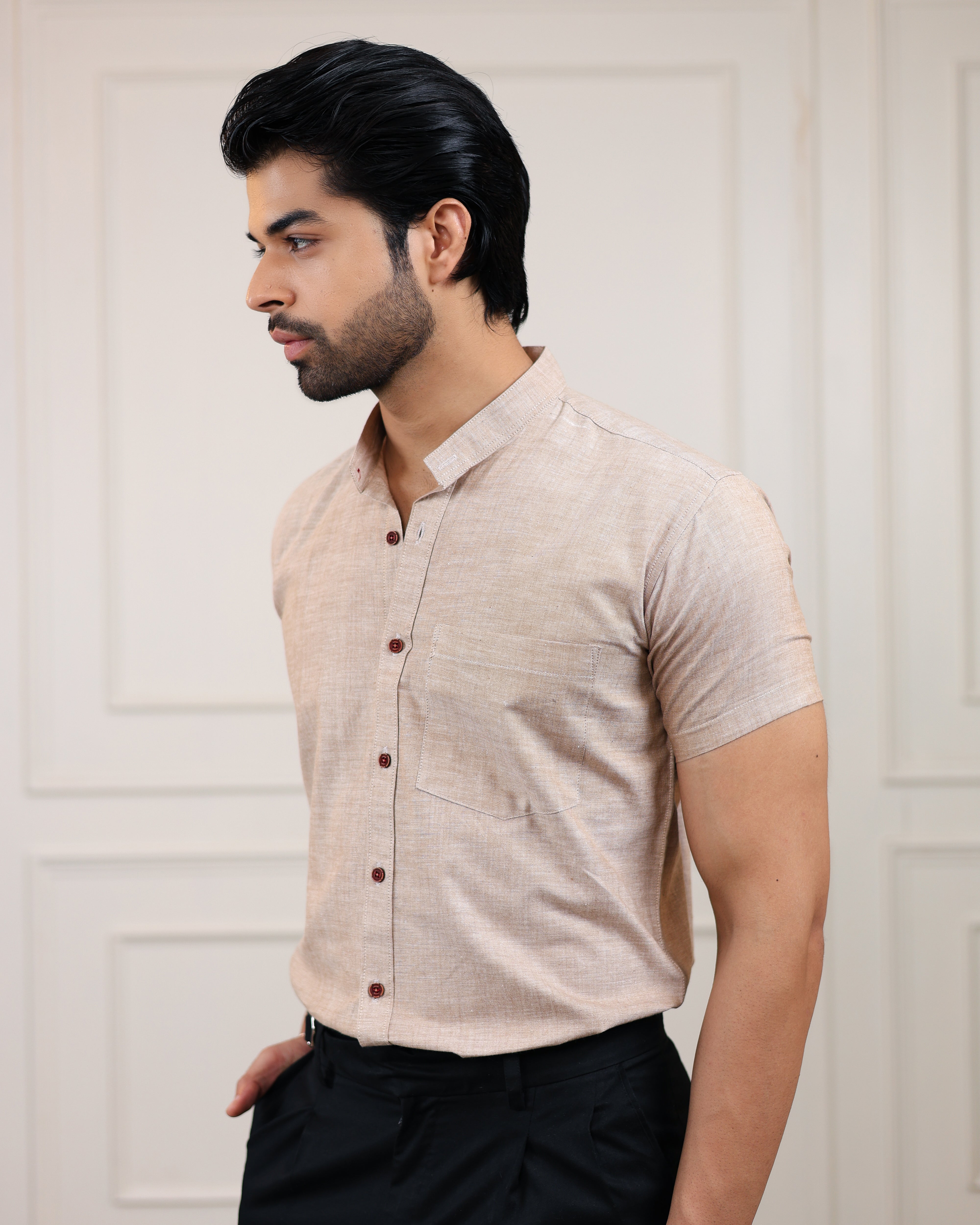 Wood Brown Handloom Cotton Half Sleeve Shirt