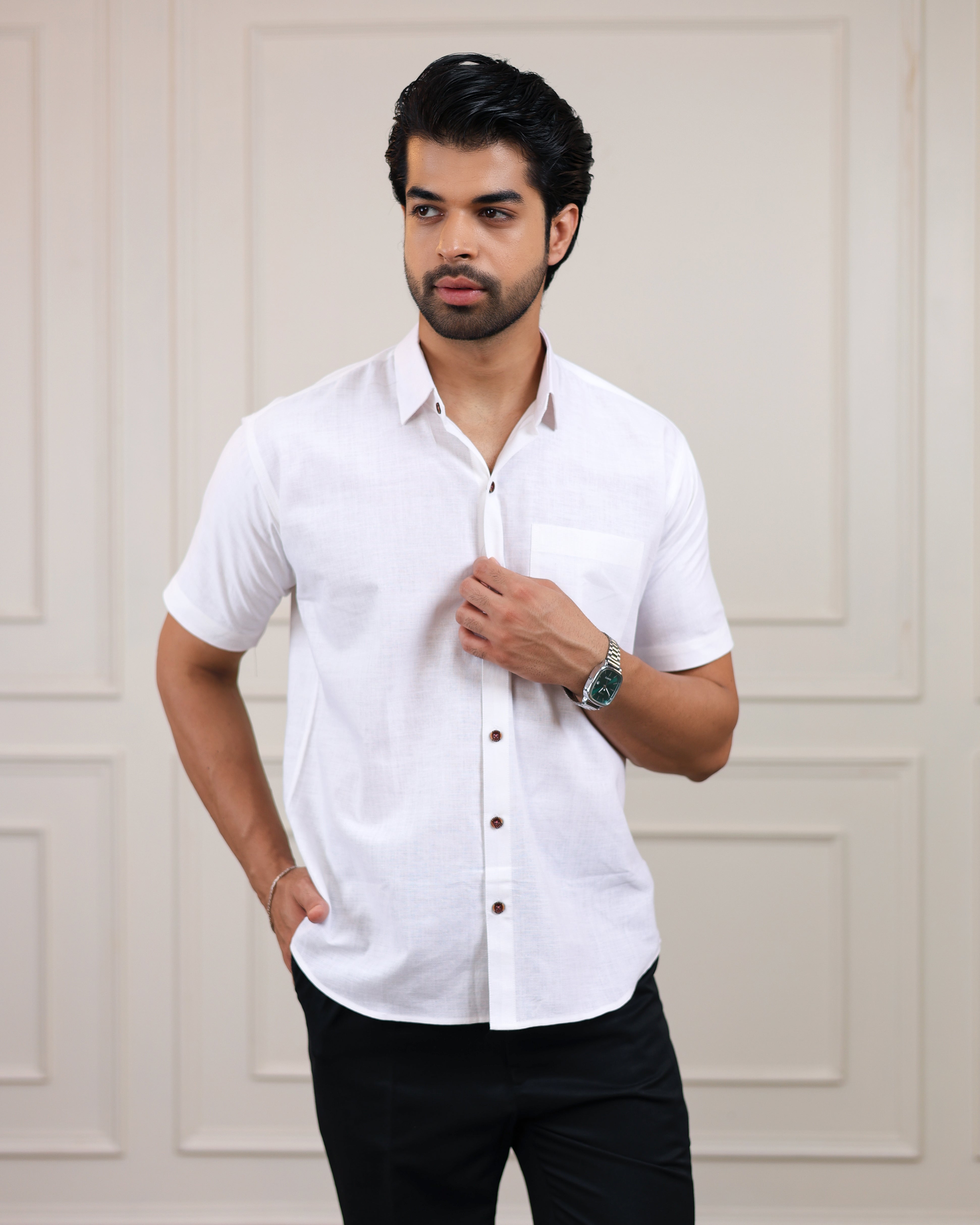 White Handloom Cotton Half Sleeve Shirt