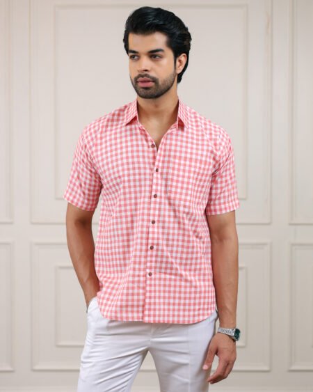 Lite Pink Check Handloom Cotton Half Sleeve Shirt