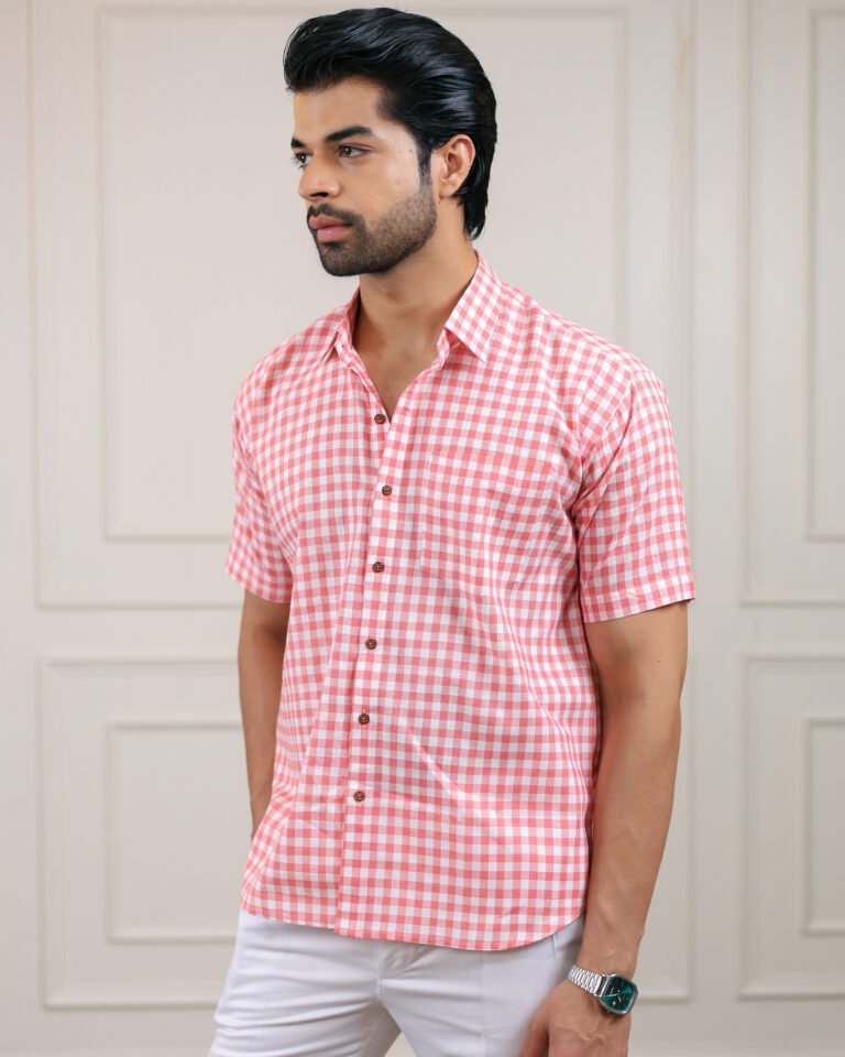 Lite Pink Check Handloom Cotton Half Sleeve Shirt
