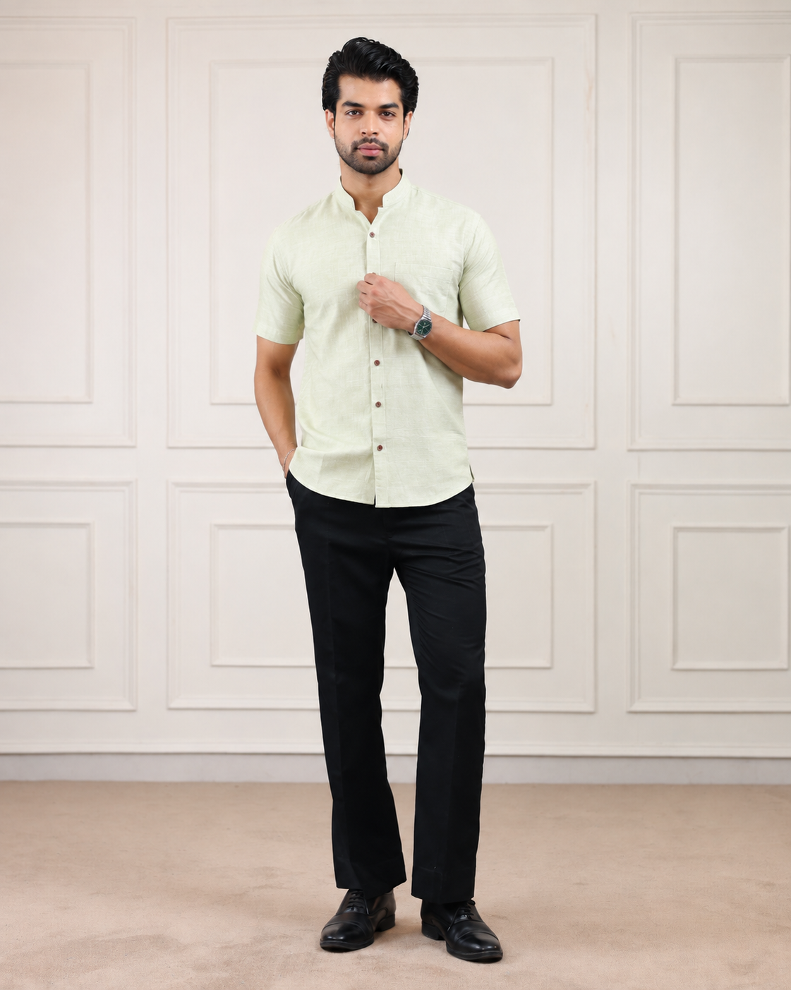 Pista Nut Green Handloom Cotton Half Sleeve Shirt