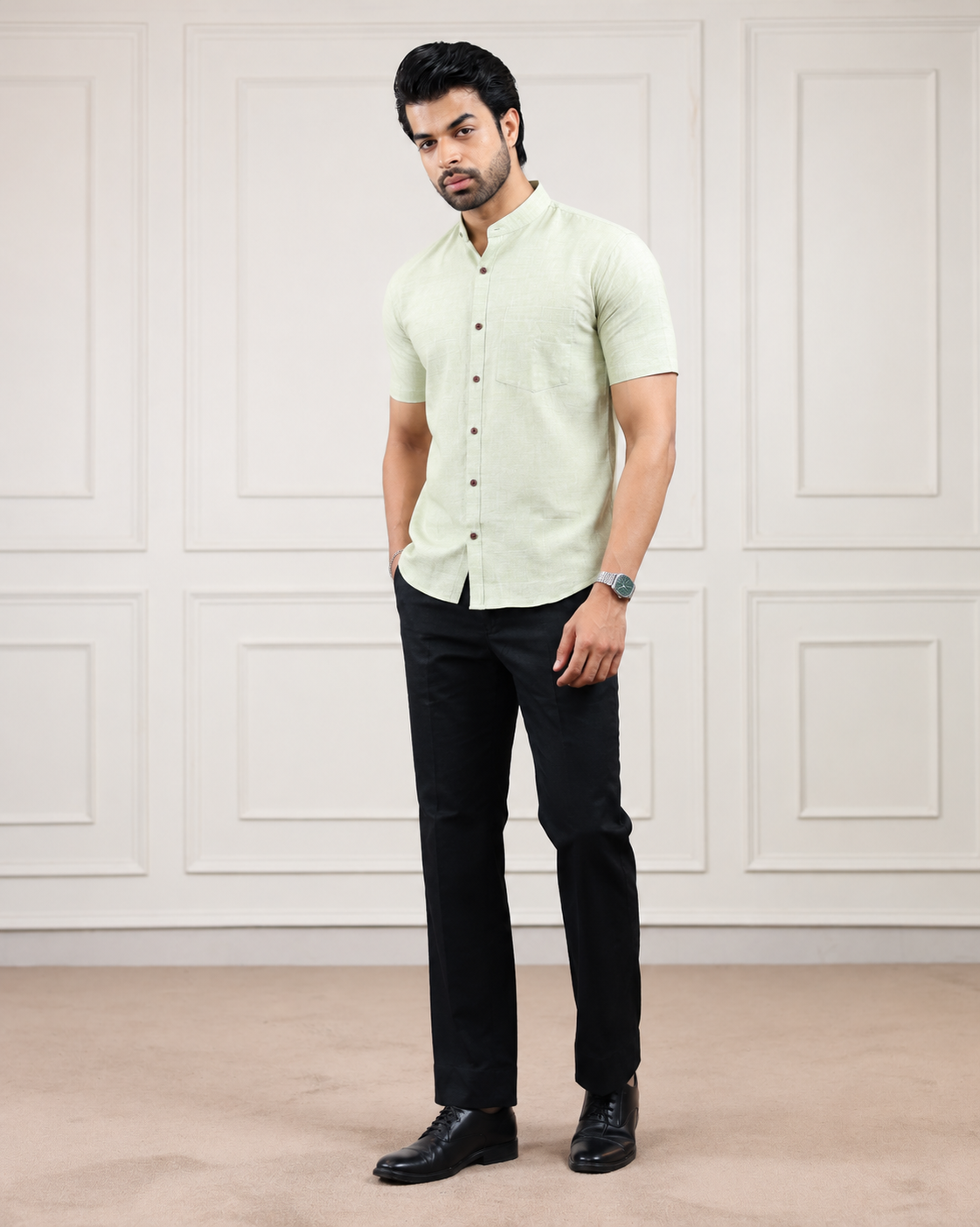 Pista Nut Green Handloom Cotton Half Sleeve Shirt