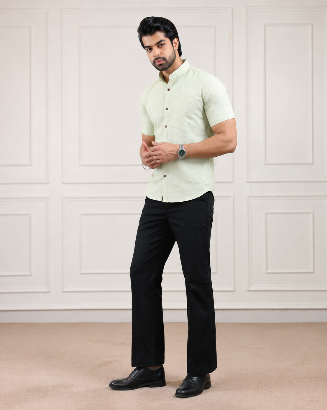 Pista Nut Green Handloom Cotton Half Sleeve Shirt