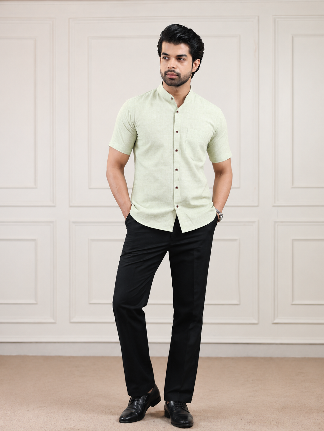 Pista Nut Green Handloom Cotton Half Sleeve Shirt