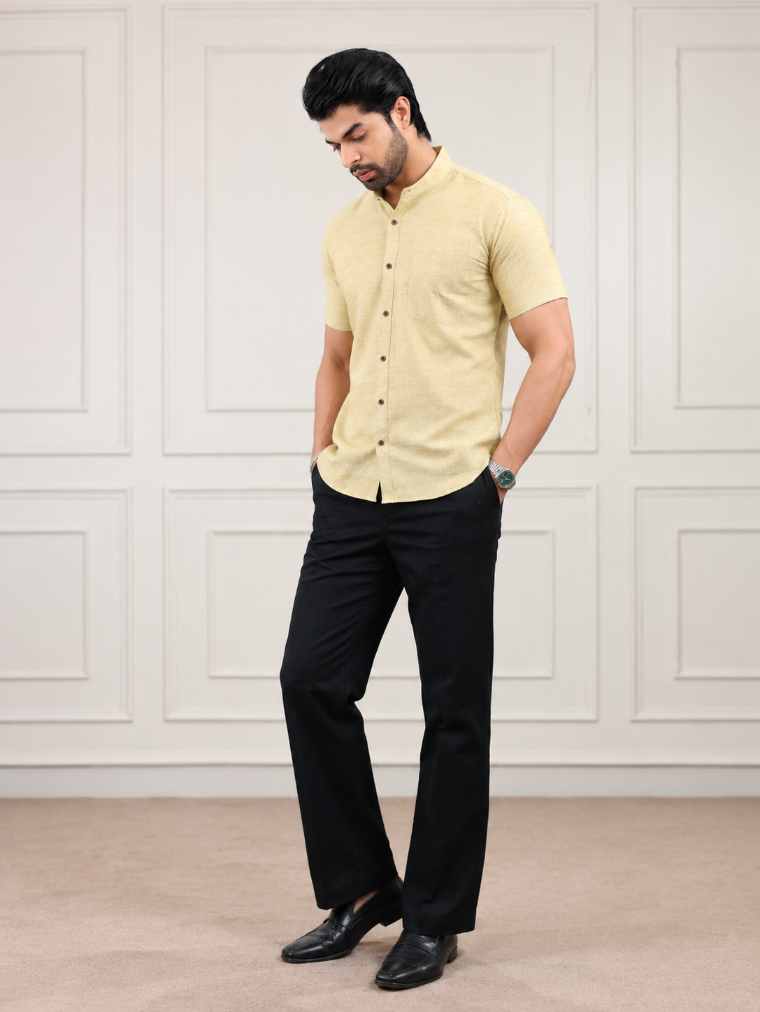 Mustard Gold Handloom Cotton Half Sleeve Shirt
