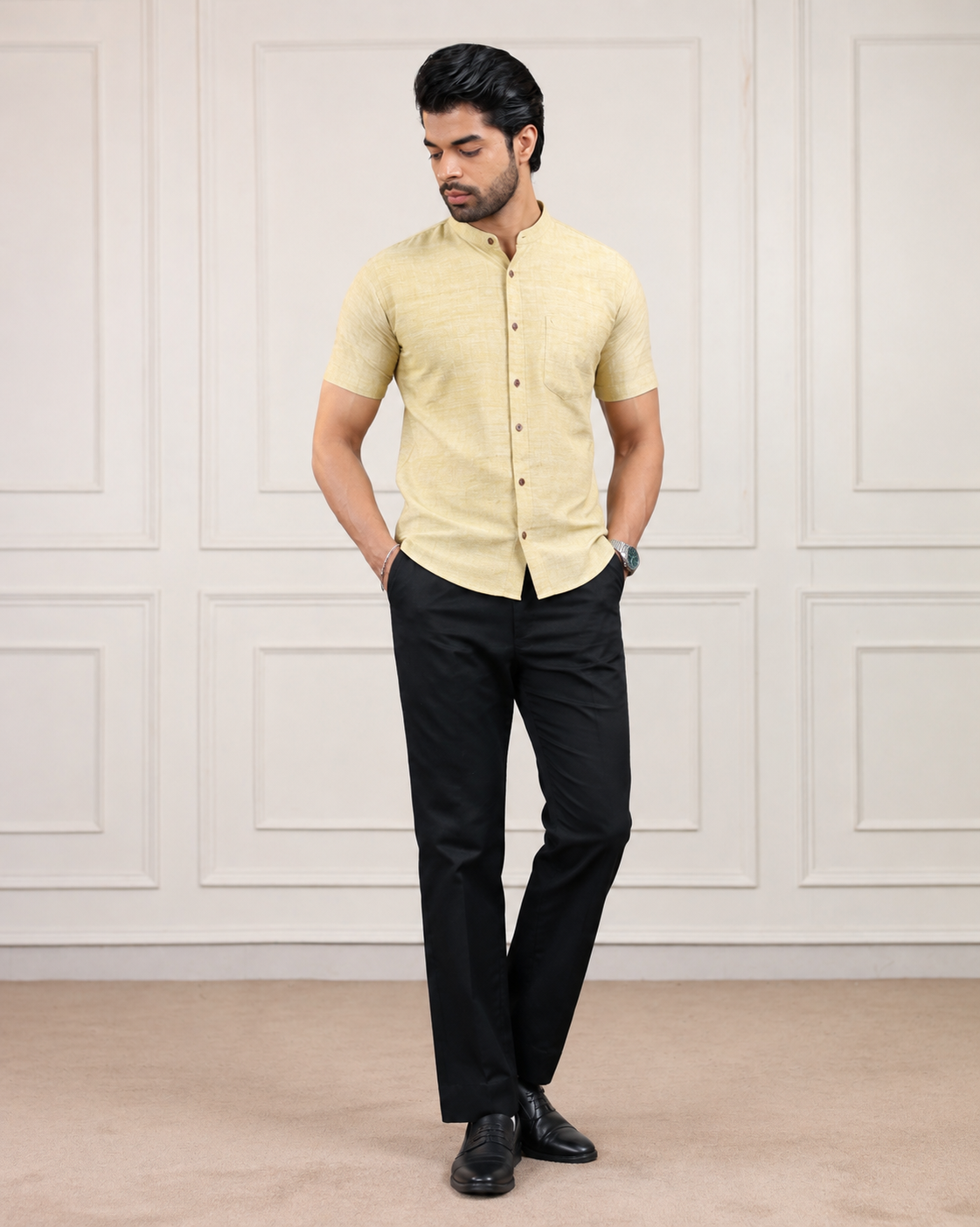 Mustard Gold Handloom Cotton Half Sleeve Shirt