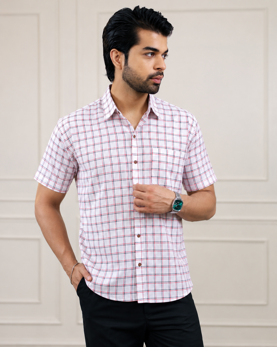 White Check Handloom Cotton Half Sleeve Shirt