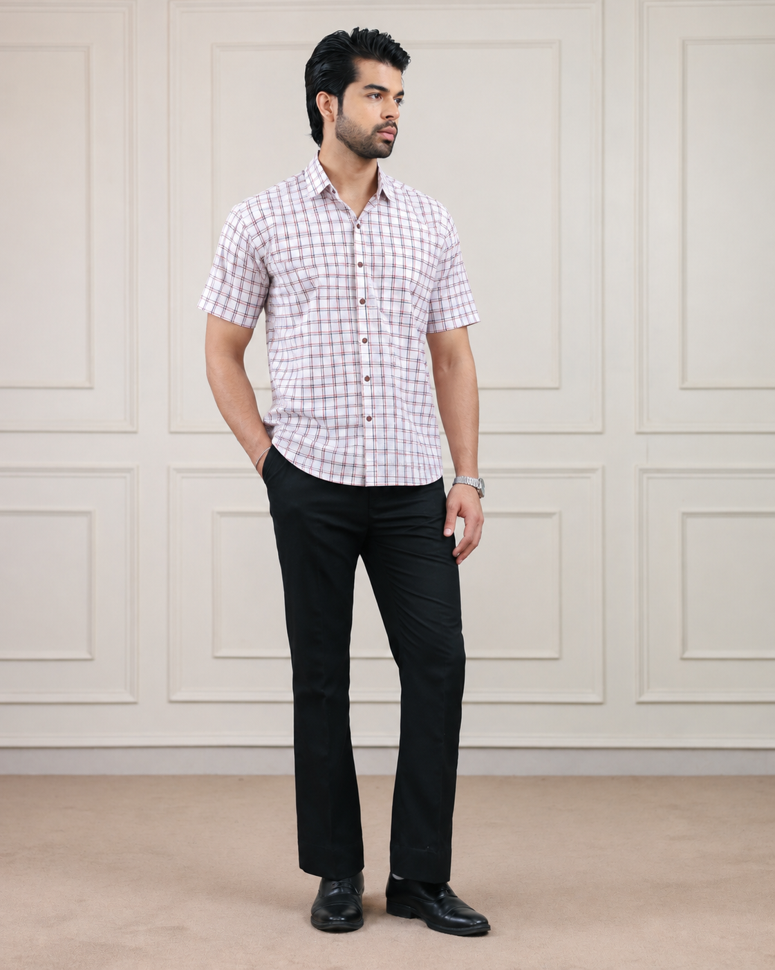 White Check Handloom Cotton Half Sleeve Shirt