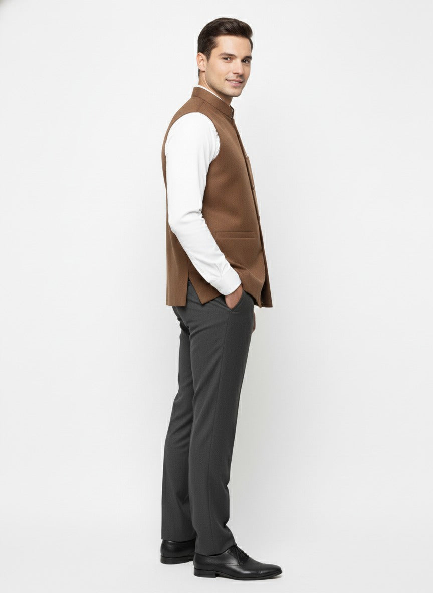 Woolen Nehru Jackets Chocolate Brown Colour