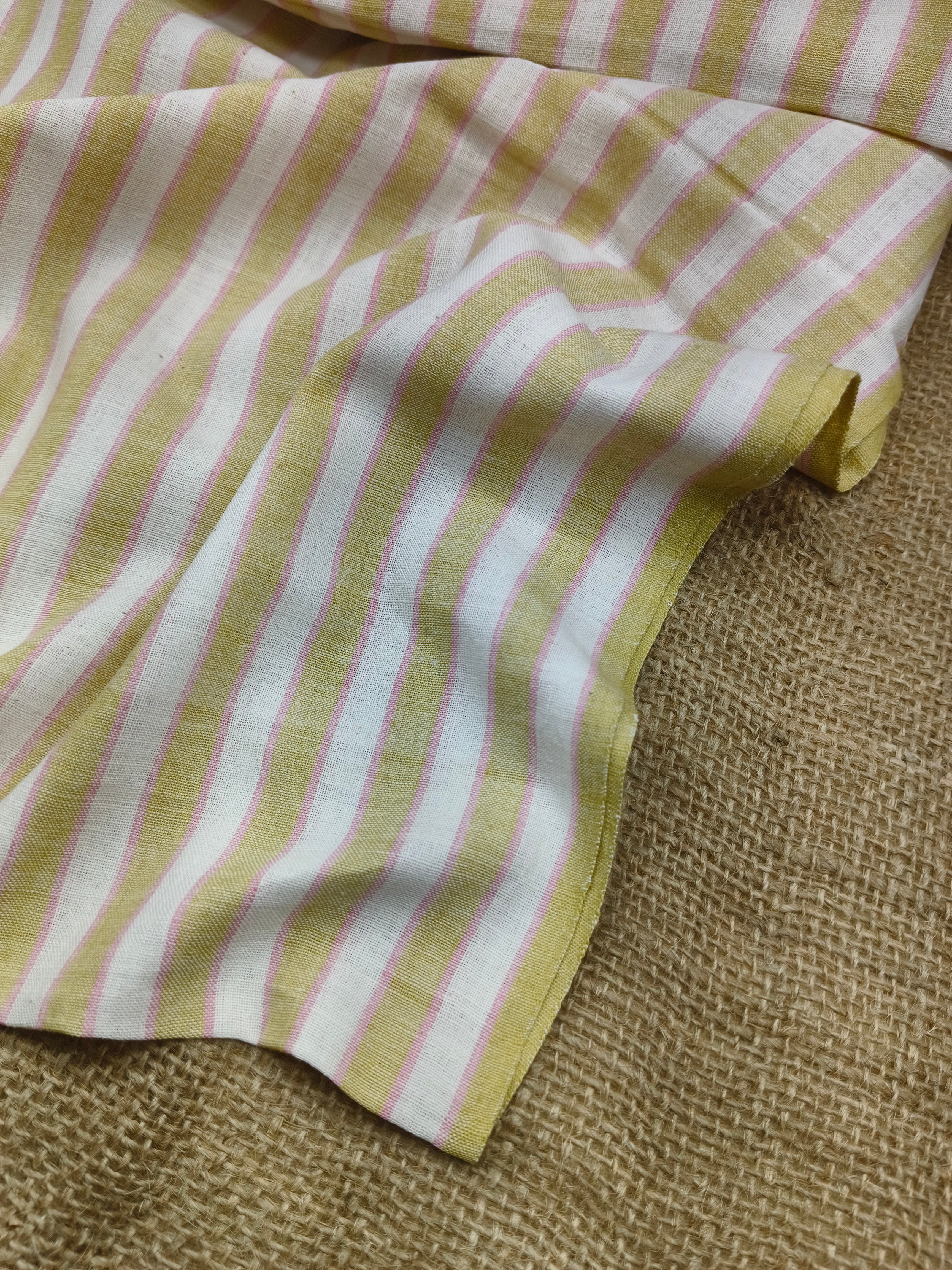 Handspun & Handwoven Natural Cotton Olive White Stripe Fabric