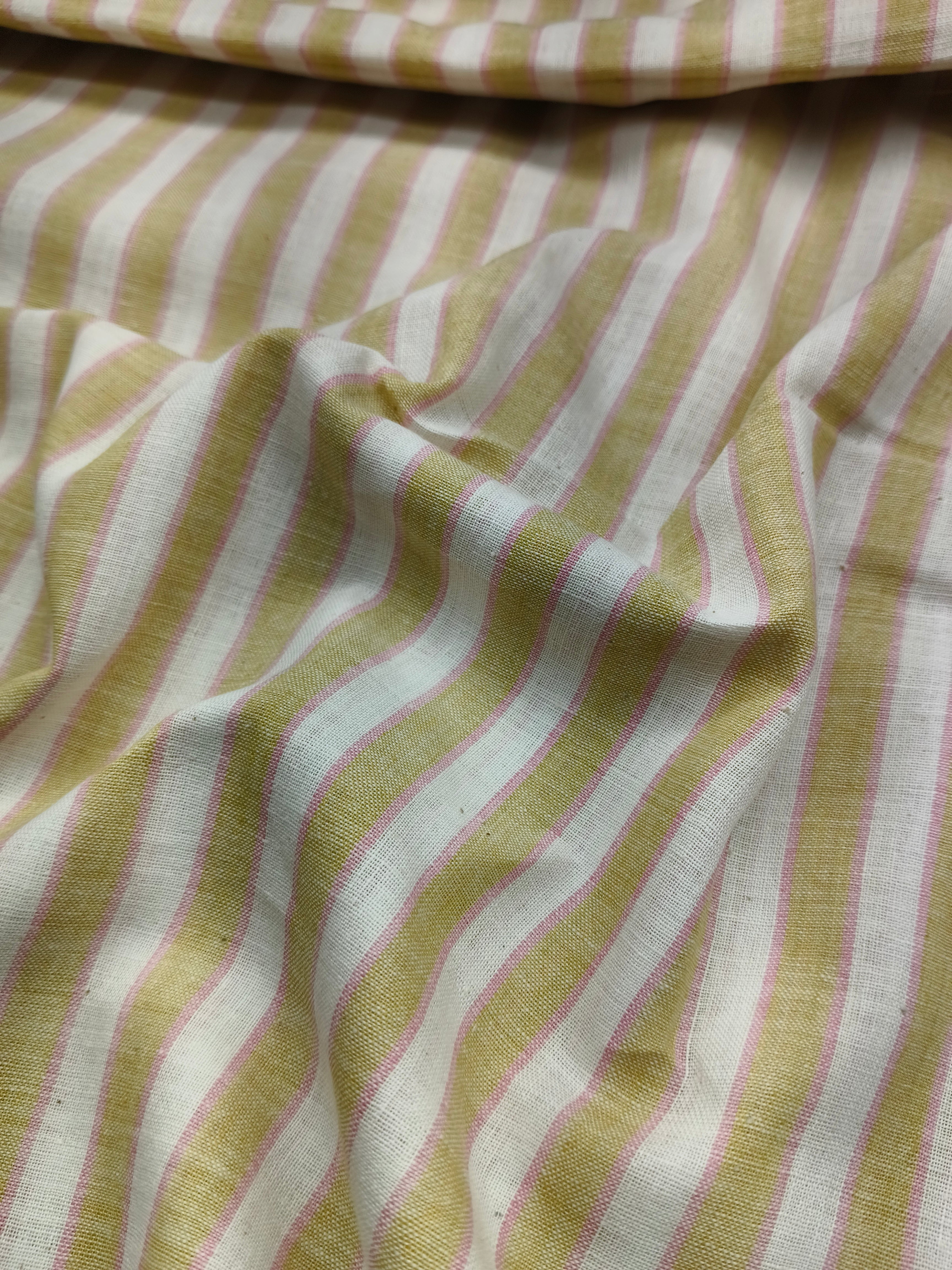 Handspun & Handwoven Natural Cotton Olive White Stripe Fabric