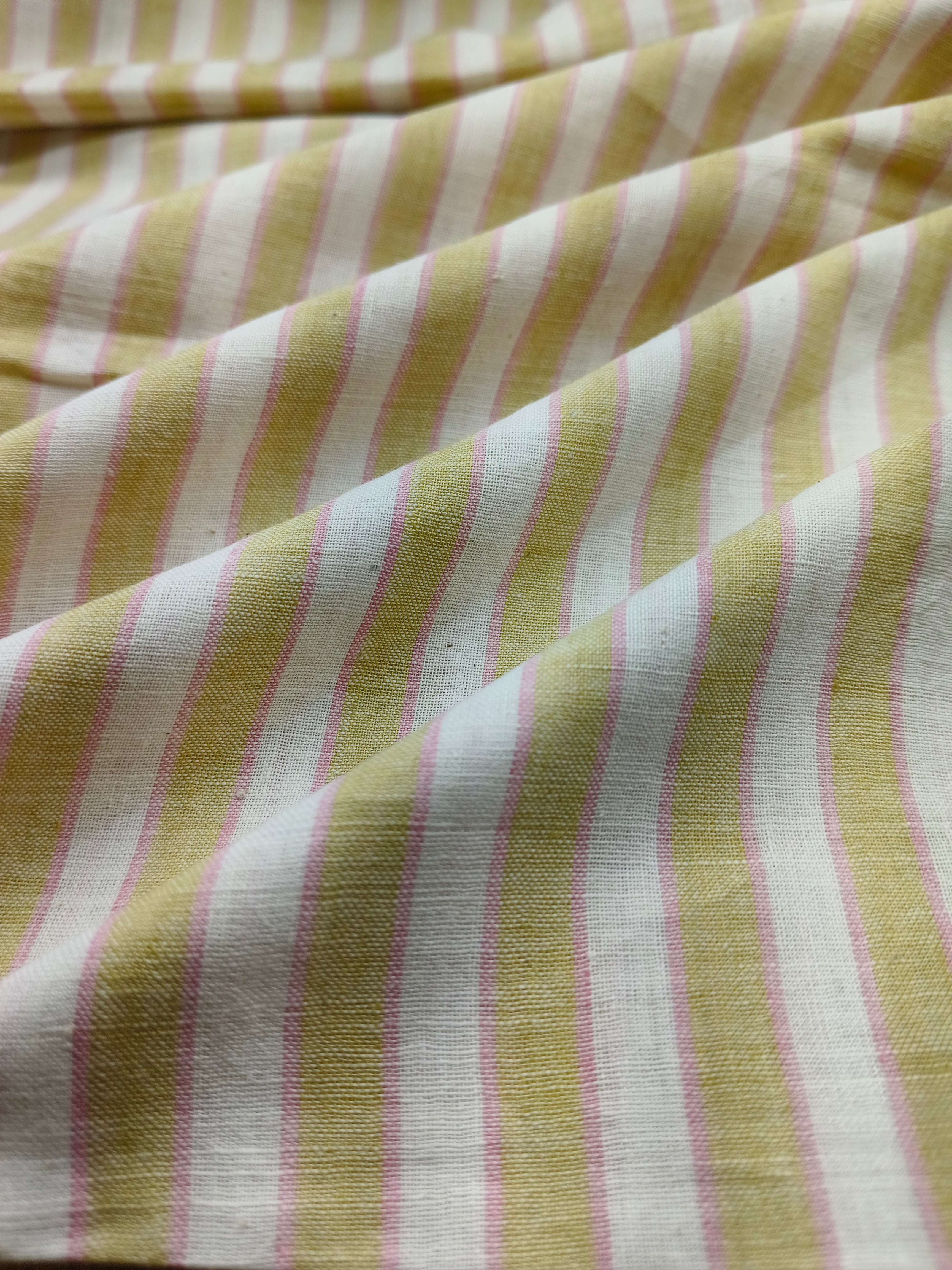 Handspun & Handwoven Natural Cotton Olive White Stripe Fabric