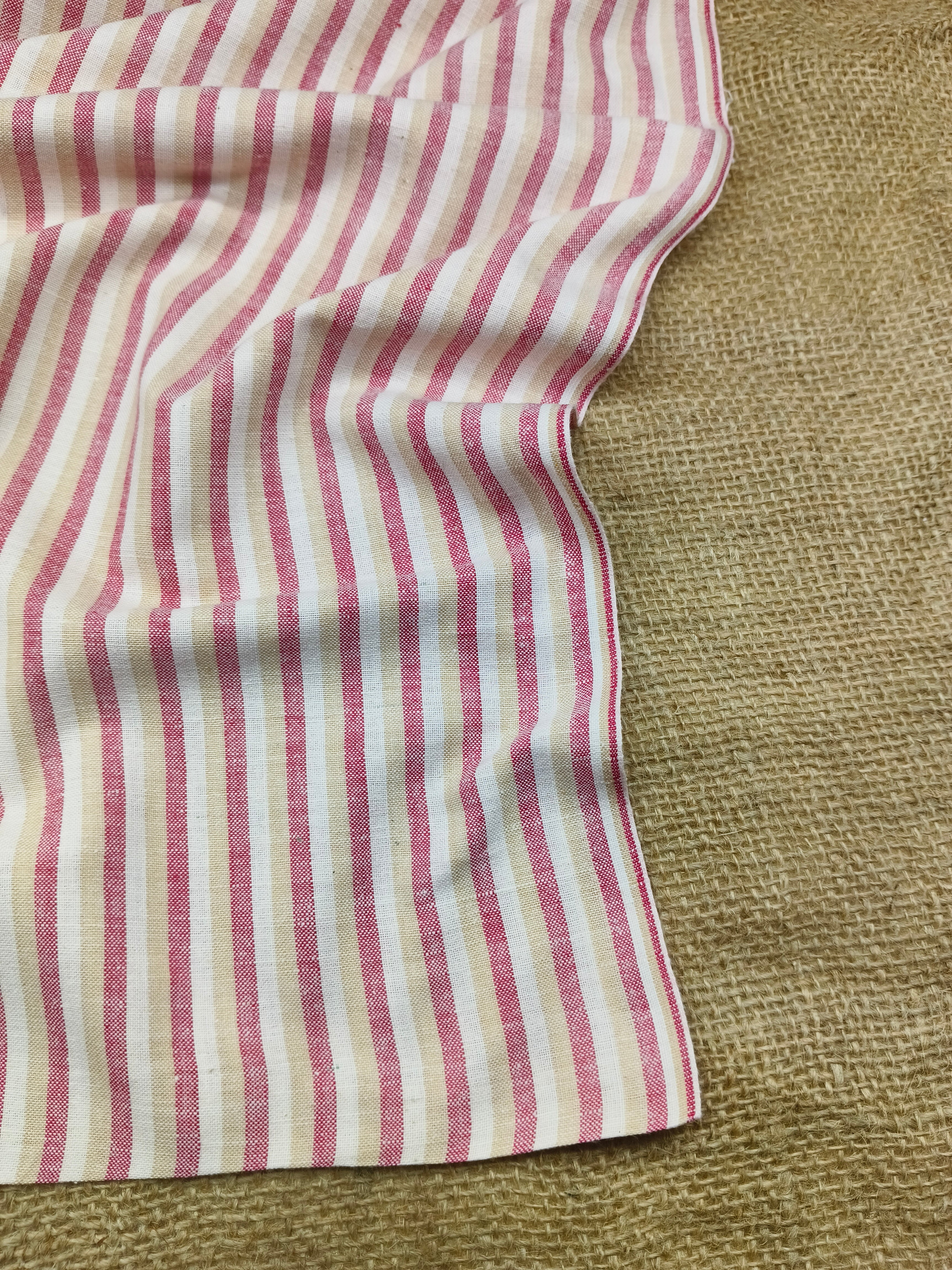 Handspun & Handwoven Natural Cotton Red Beige Stripe Fabric
