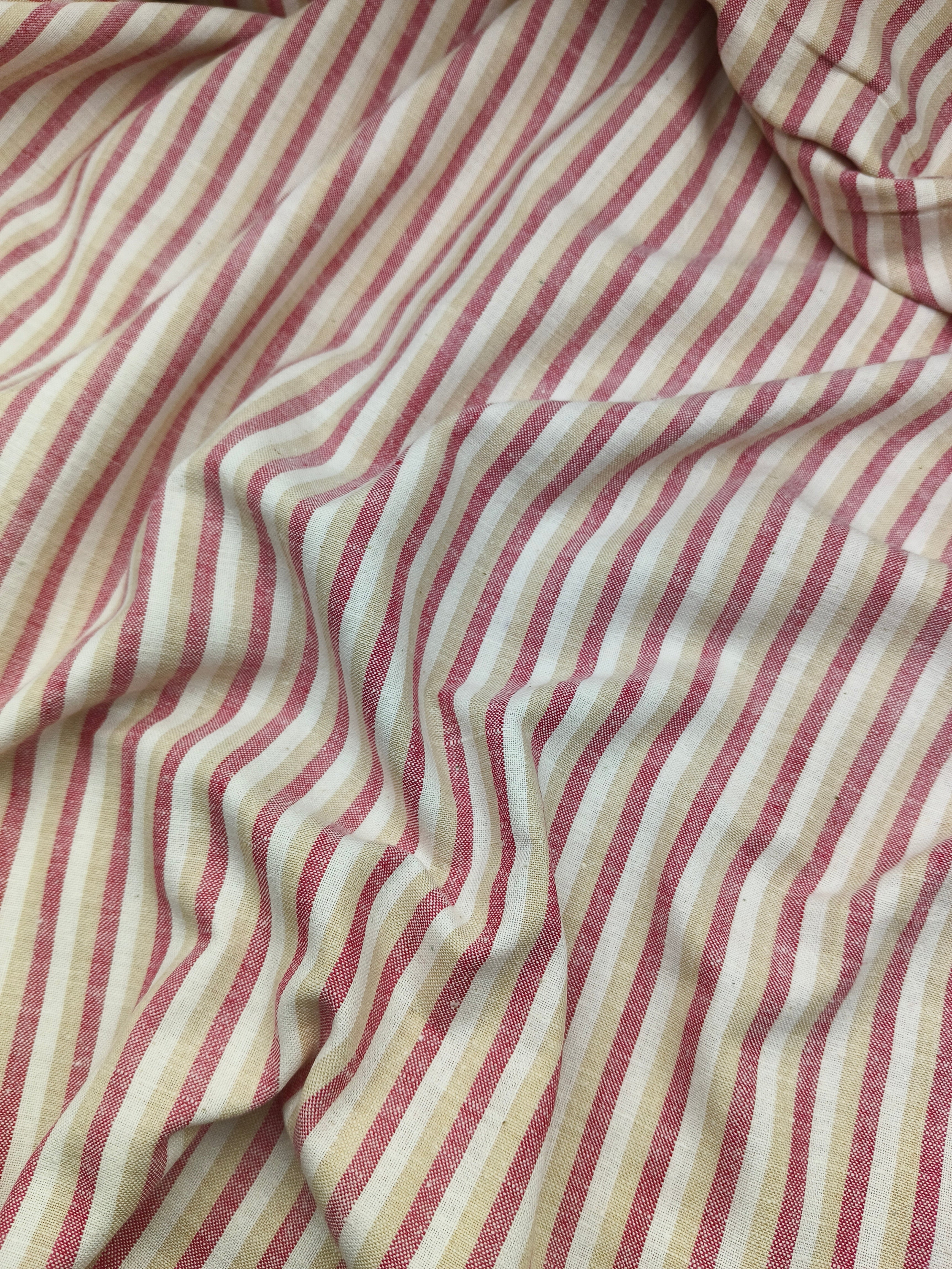 Handspun & Handwoven Natural Cotton Red Beige Stripe Fabric
