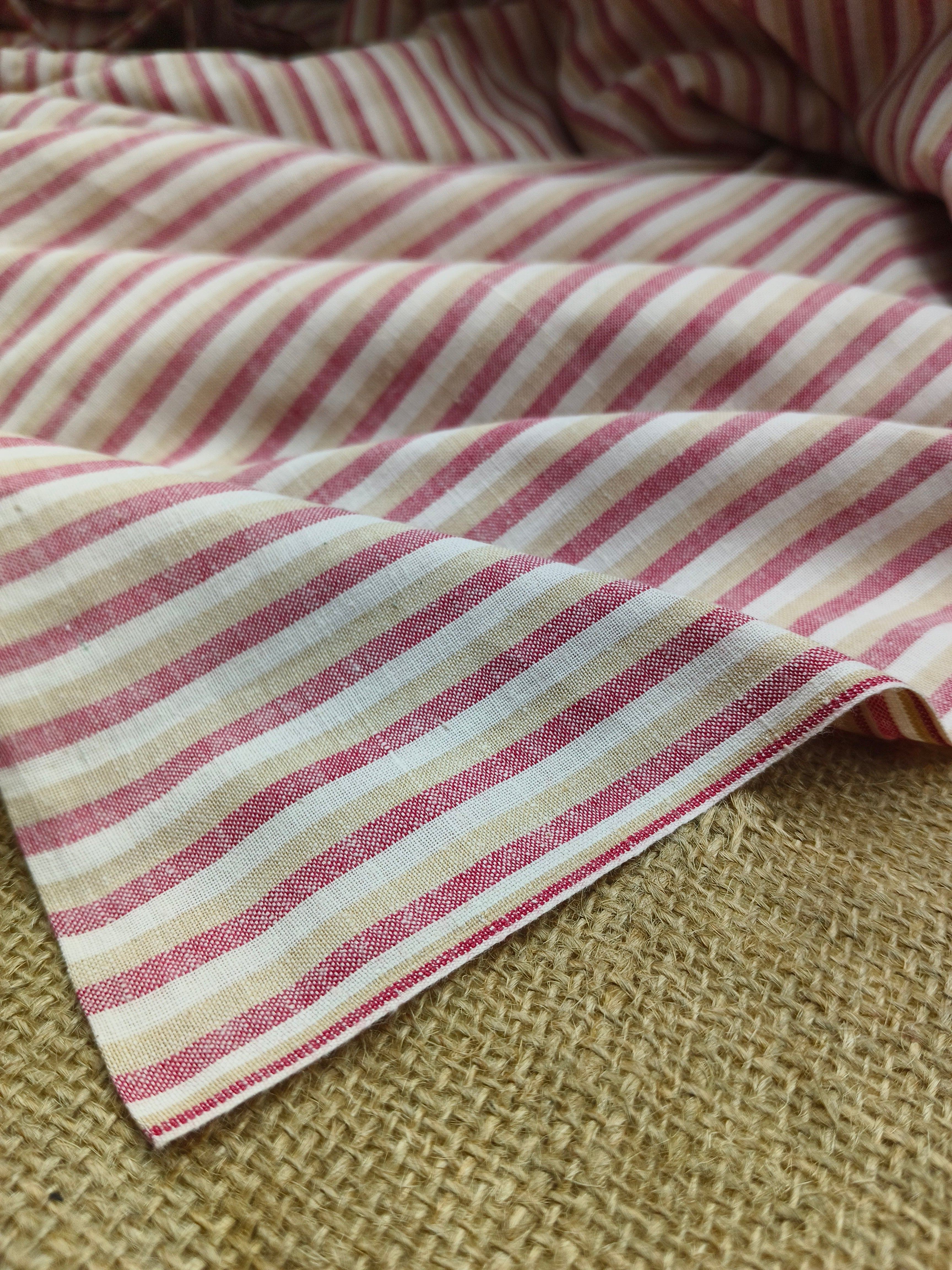 Handspun & Handwoven Natural Cotton Red Beige Stripe Fabric
