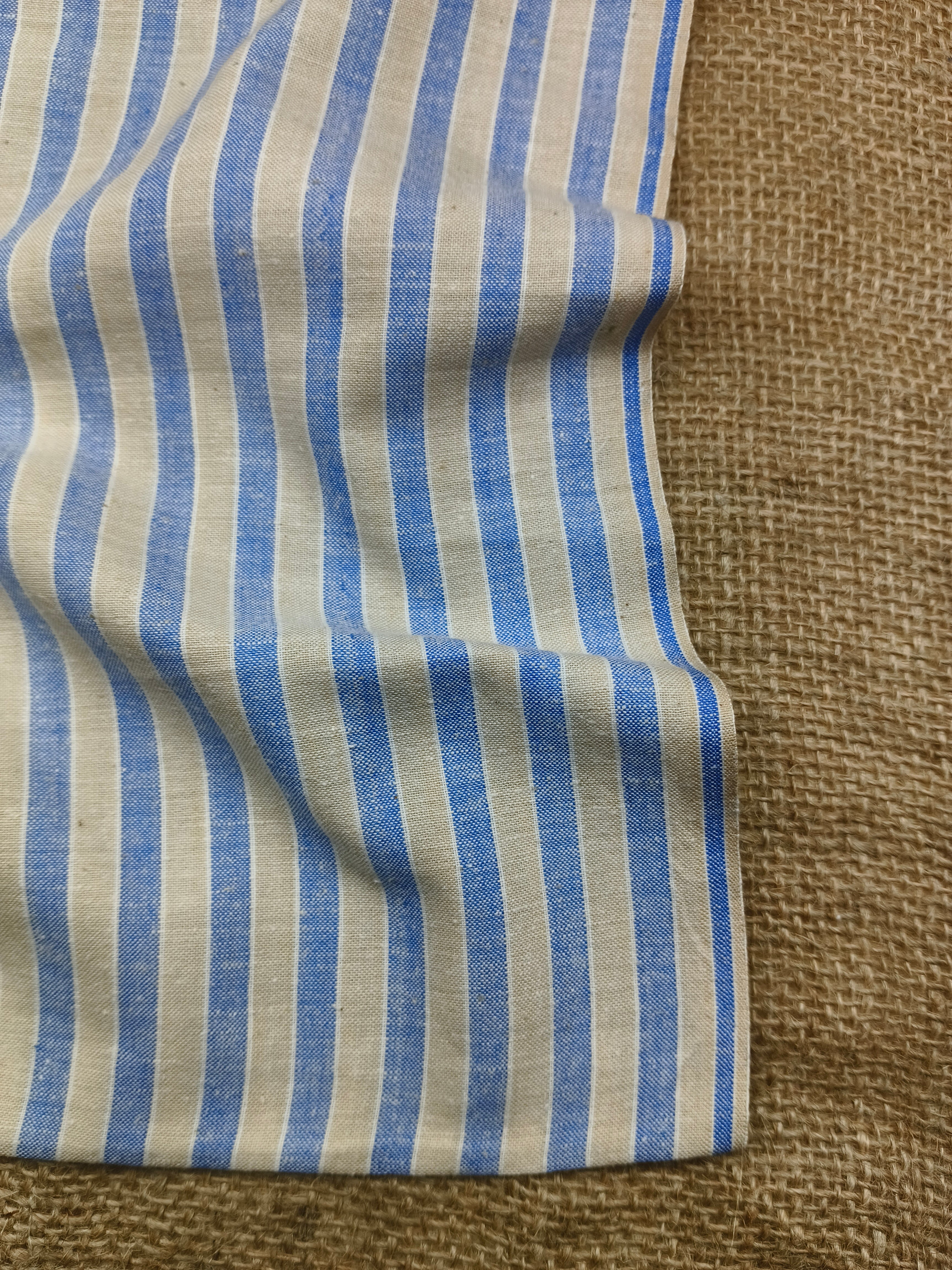 Handspun & Handwoven Natural Cotton Blue Beige Stripe Fabric