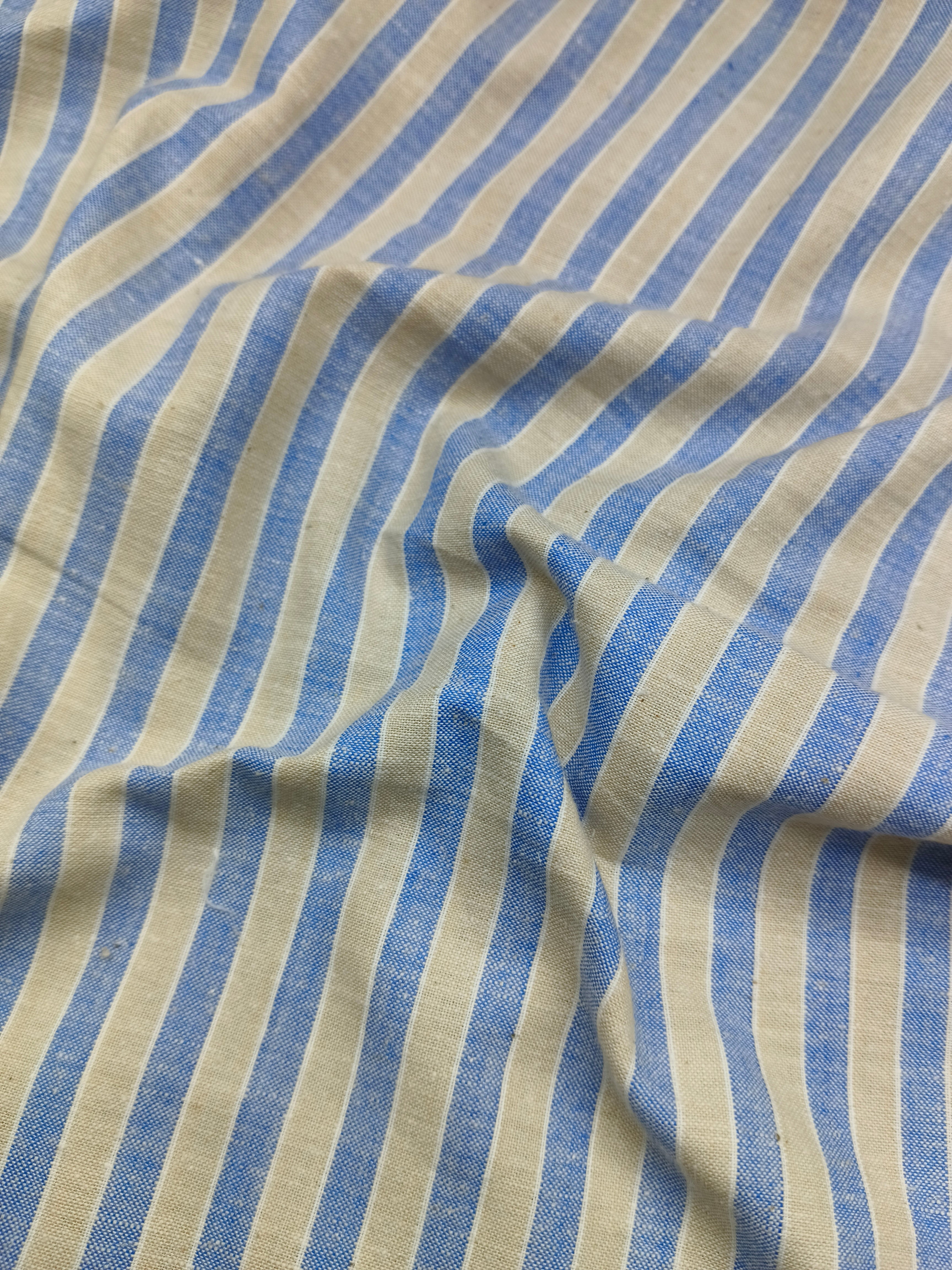 Handspun & Handwoven Natural Cotton Blue Beige Stripe Fabric