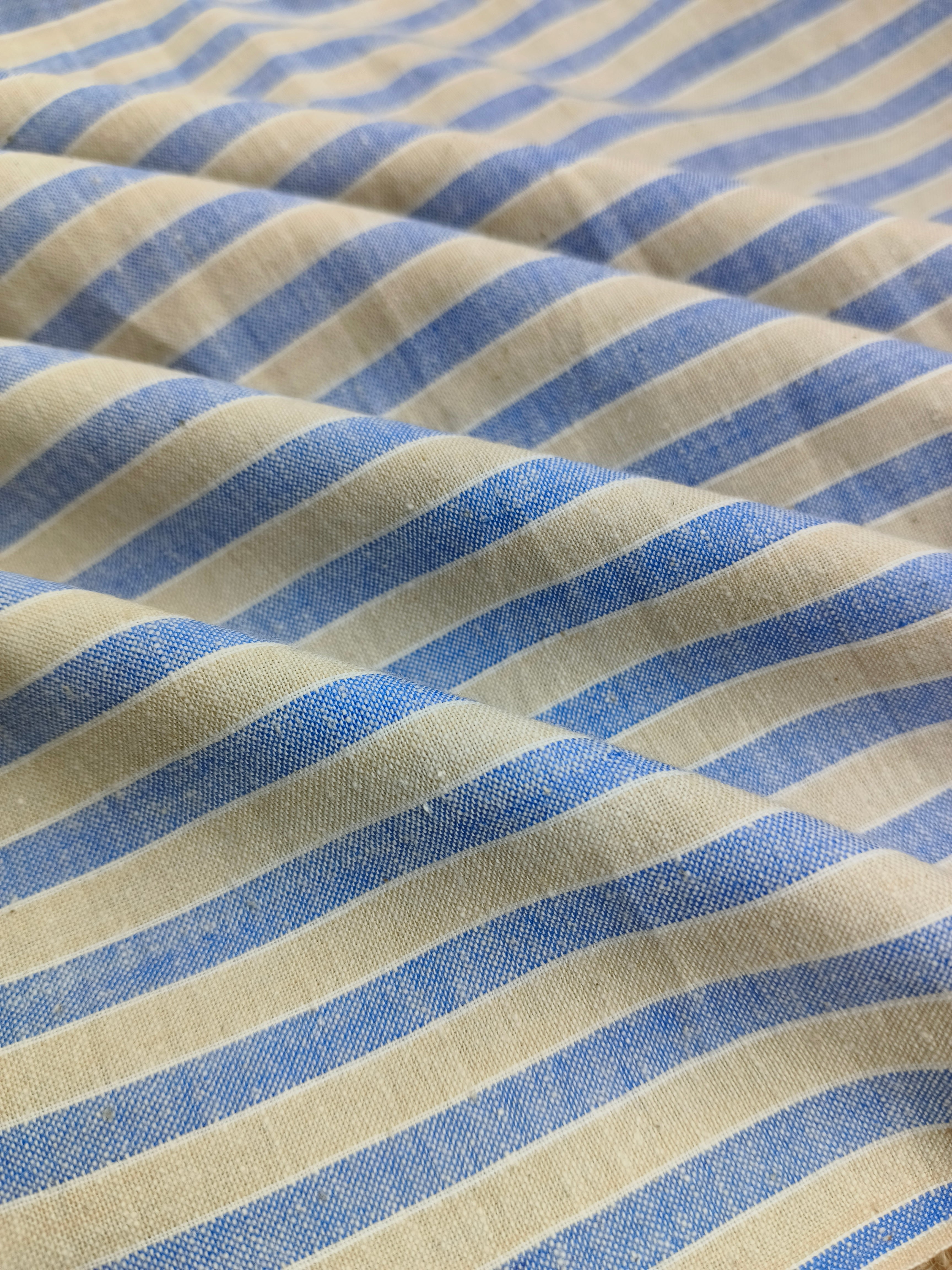 Handspun & Handwoven Natural Cotton Blue Beige Stripe Fabric