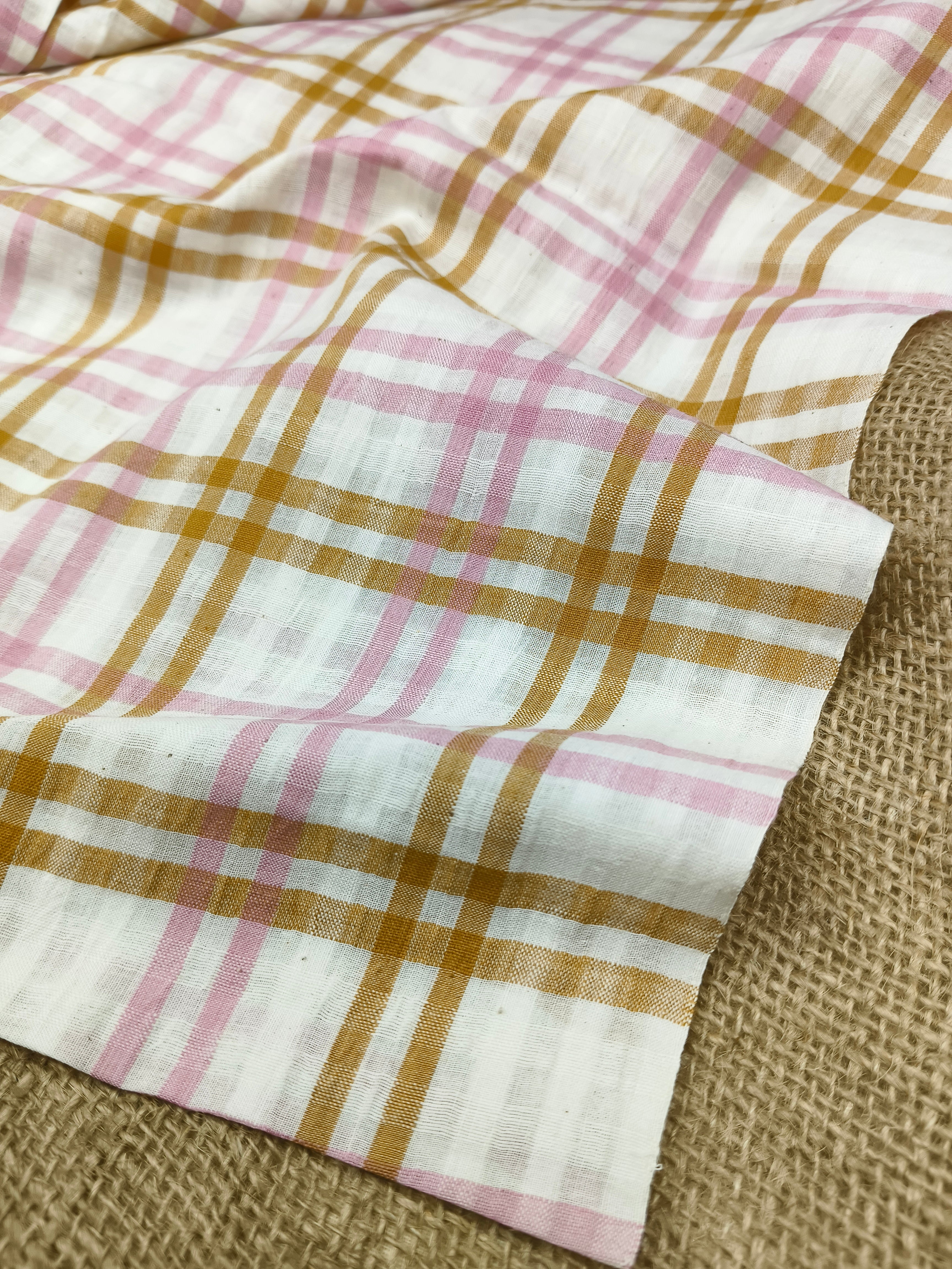 Handwoven Cotton Golden Pink Self Check Fabric