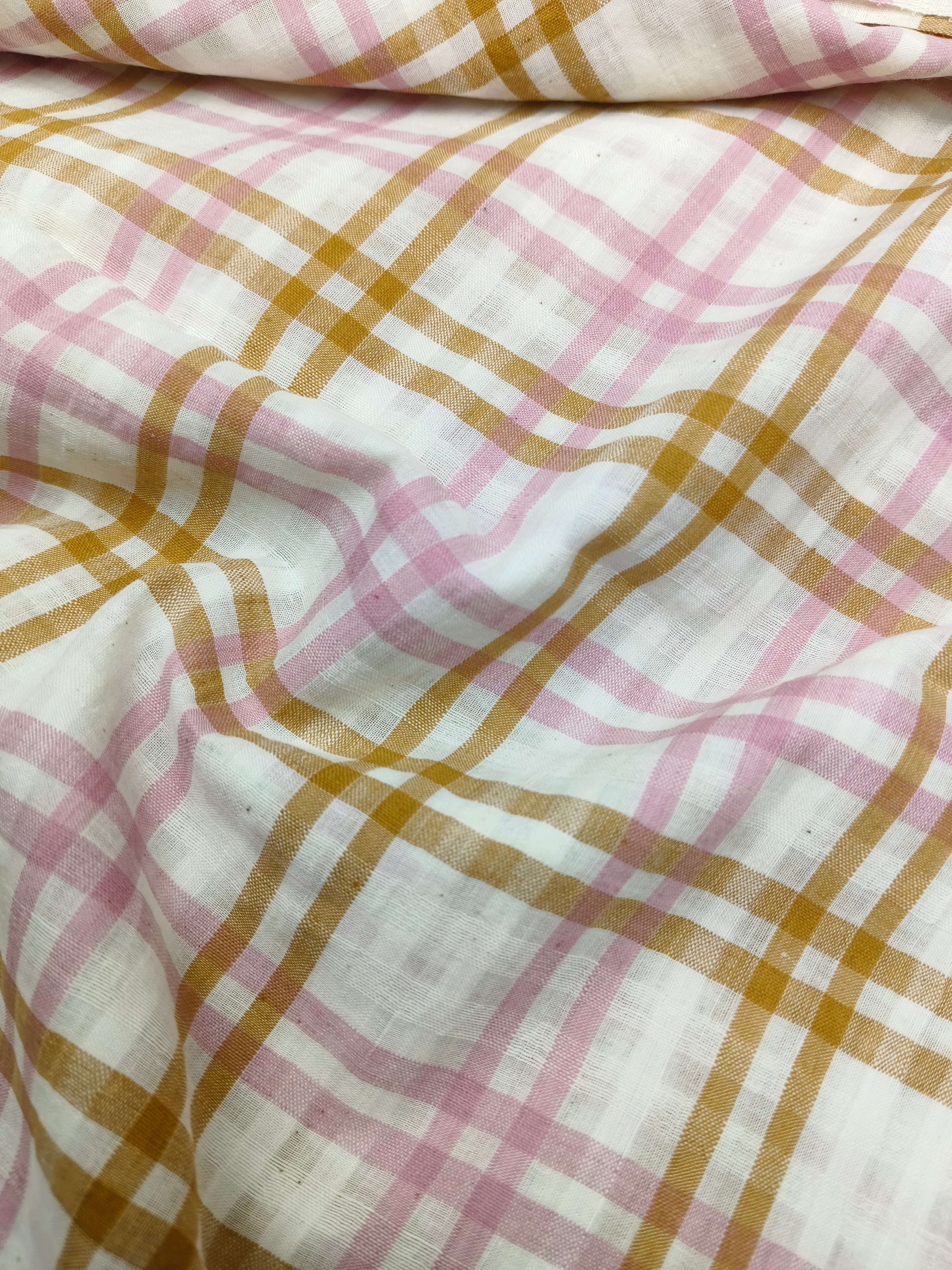 Handwoven Cotton Golden Pink Self Check Fabric