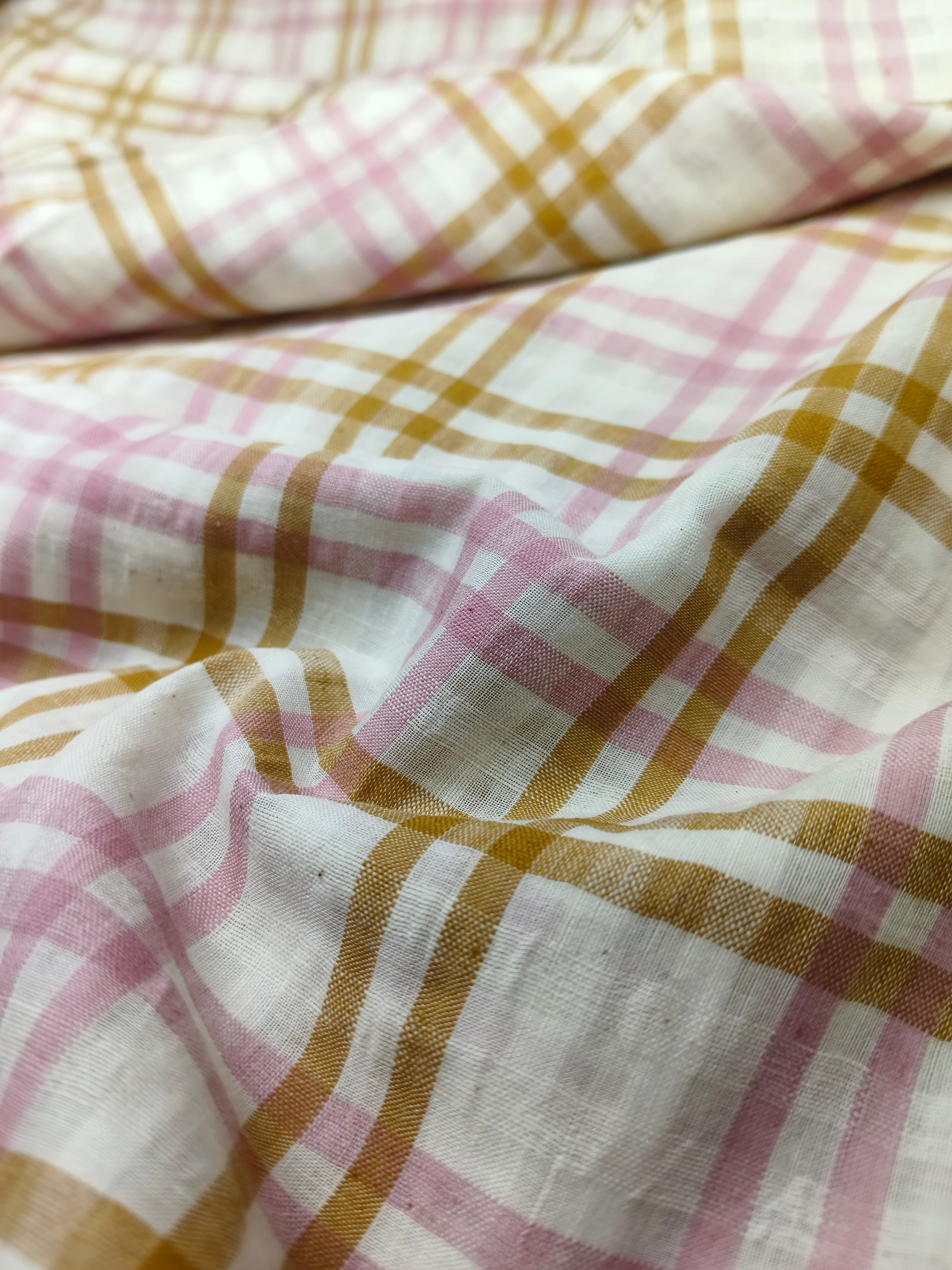 Handwoven Cotton Golden Pink Self Check Fabric